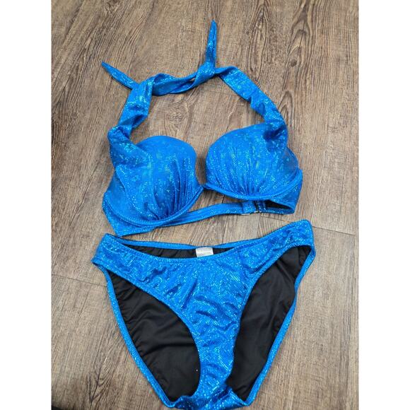 VENUS Shine Marilyn Push-Up Halter Top Bright Blue Glittery Bikini Set 32D - 6 - Picture 1 of 6